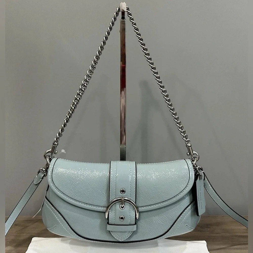 COACH CAN43 Soho Bag 25 Shoulder/Crossbody Crinkle Patent Leather Light Blue - Picture 4 of 14